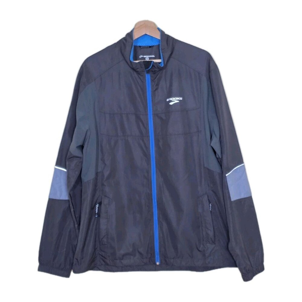 Brooks Canopy Windbreaker Men XL Gray Blue Pockes Full Zip Running Jacket Active